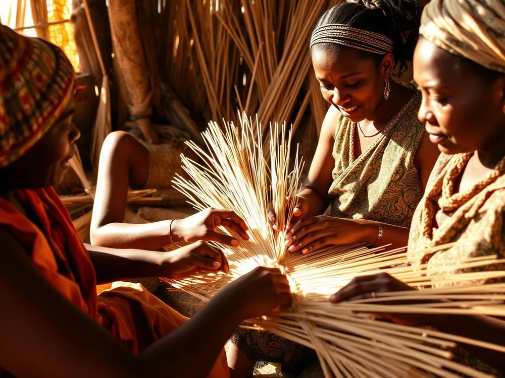 Artisanes malgaches tressant le raphia ensemble dans un atelier