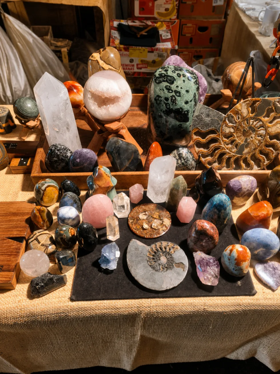 Minéraux et objets décoratifs du stand